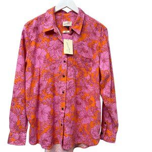 Universal Thread Womens Top Large Pink Orange Floral Linen Blend Button Up Shirt